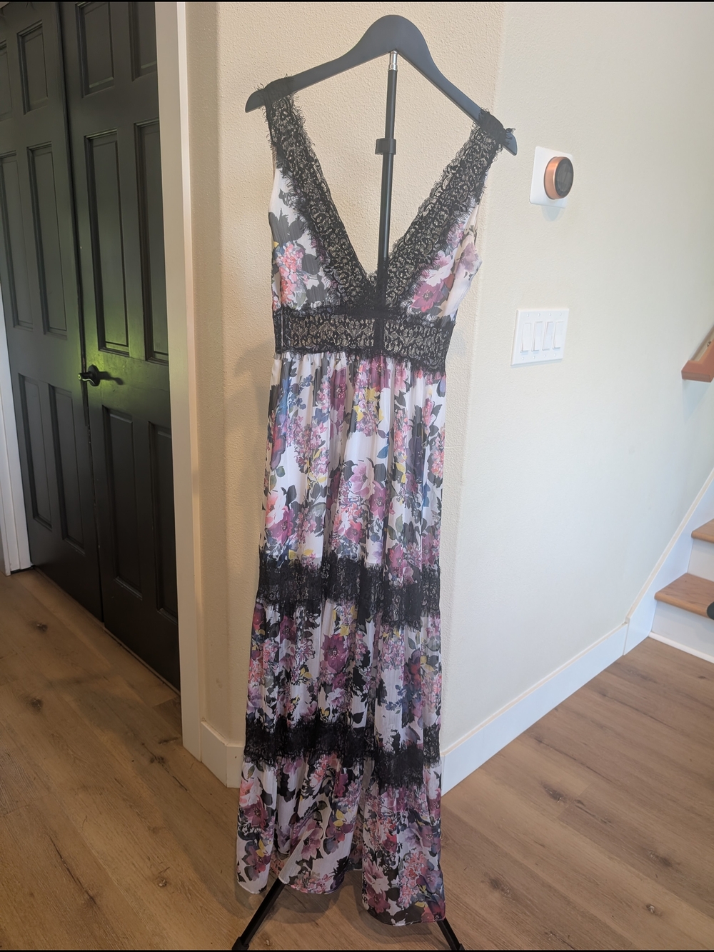 bebe Floral Maxi Dress with Black Lace Trim